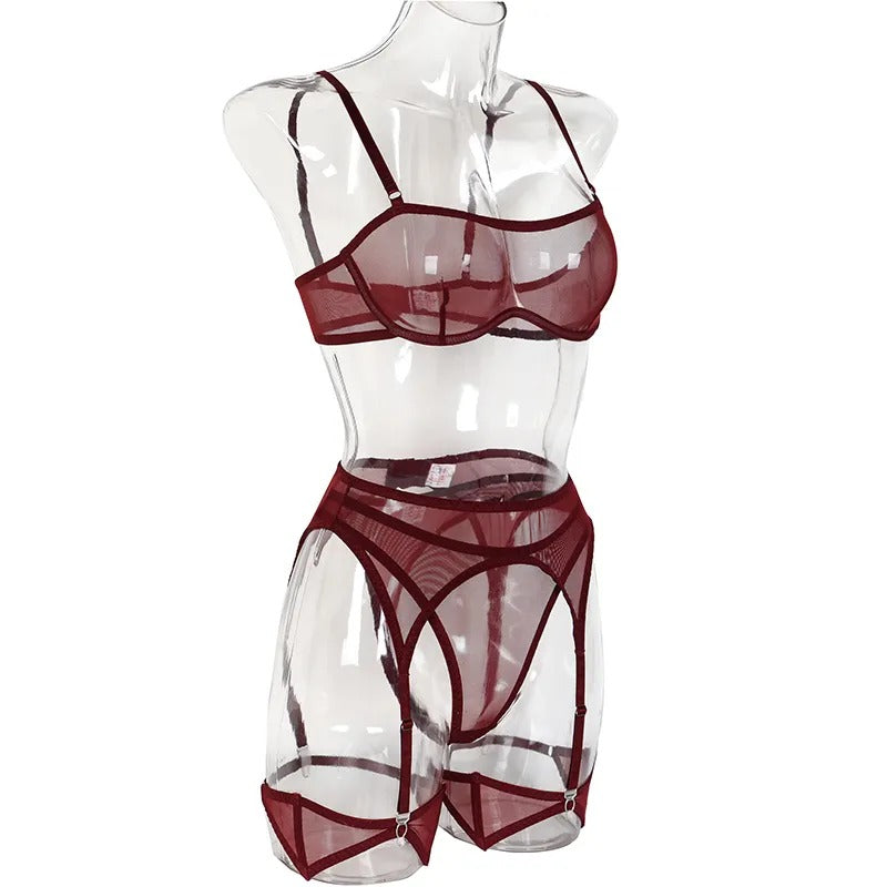 Sensual See Through Lingerie Set - Wine Red & Hot Pink