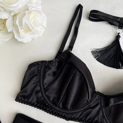 Hot Black Satin Skirt Lingerie Set