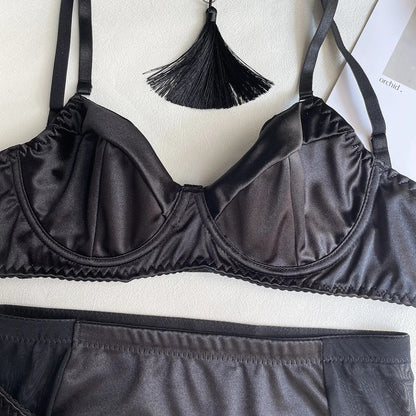 Hot Black Satin Skirt Lingerie Set