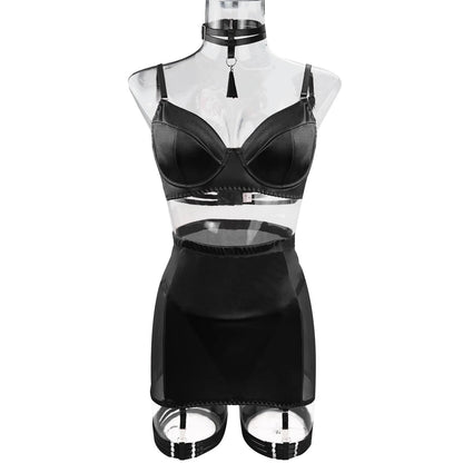 Hot Black Satin Skirt Lingerie Set