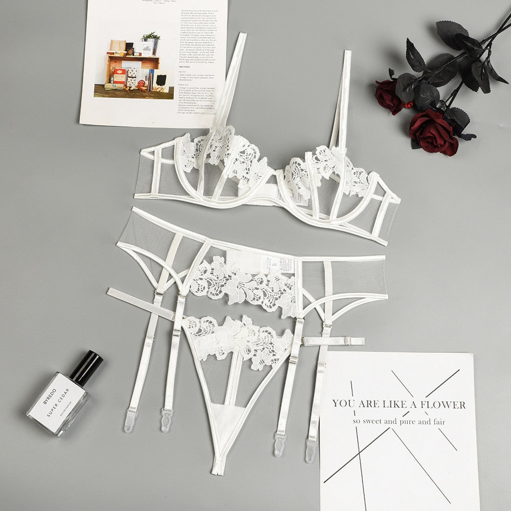 "I Do" Bridal White Flower Lingerie Set