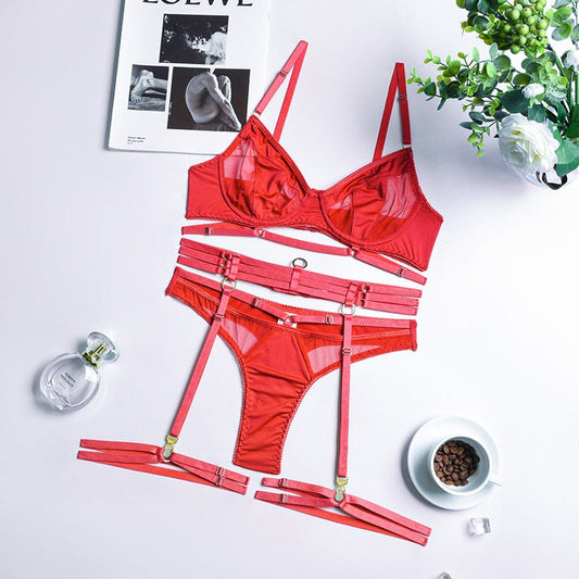 Victoria See-Through Lingerie Set - Black and Red