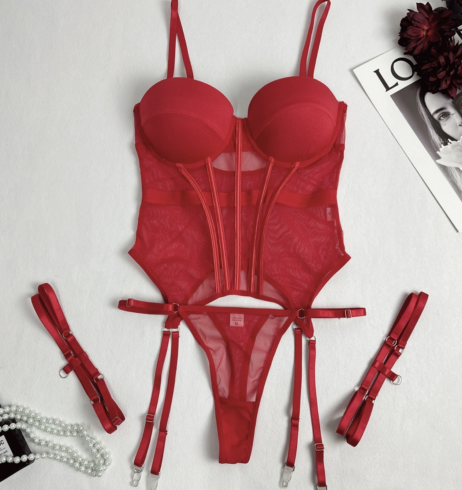 Hot Bustier Lingerie Set - Wine Red & Green - Lovegood Lingerie