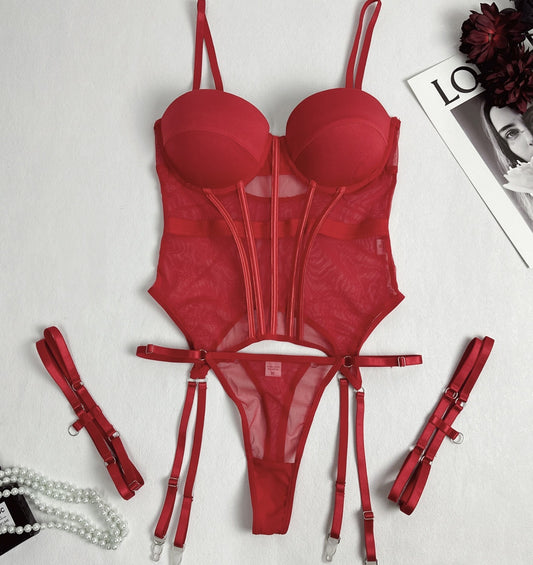 Hot Bustier Lingerie Set - Wine Red & Green