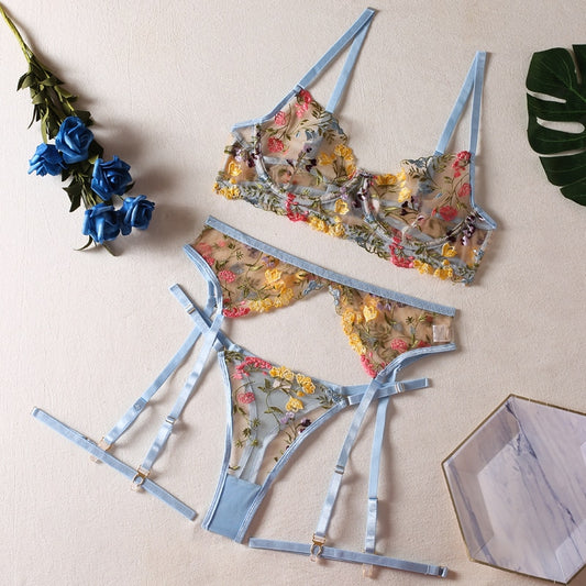 Boho Embroidered Lingerie Set - Sky Blue
