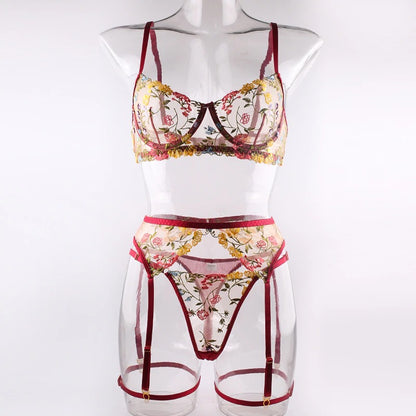 Boho Embroidered Lingerie Set - Wine Red