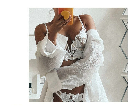 Sexy White French Lace Embroidered Brassier Set