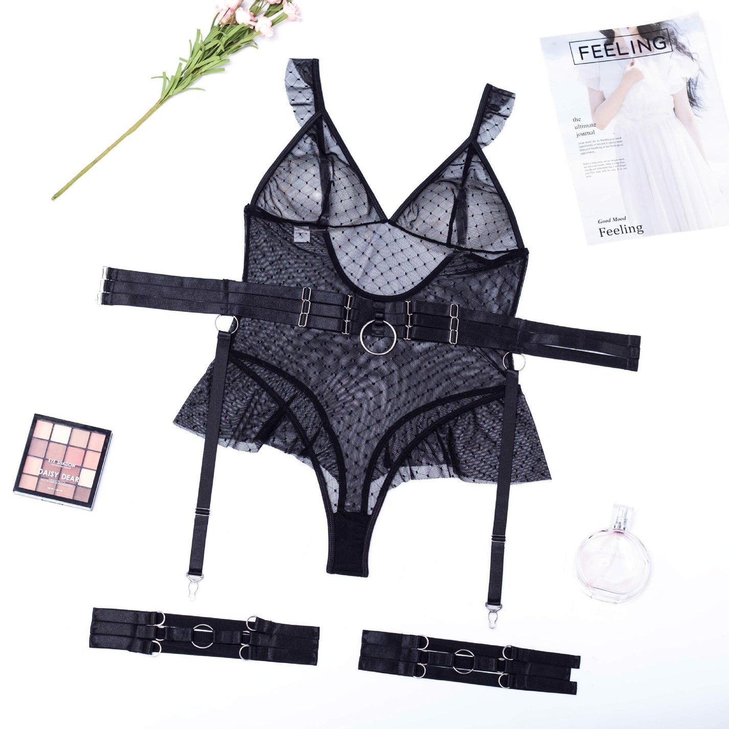 Black Polka Dot Sheer Bodysuit Lingerie Full Coverage Lingerie Set L black-polka-dot-sheer-bodysuit-lingerie-full-coverage-lingerie-set-l