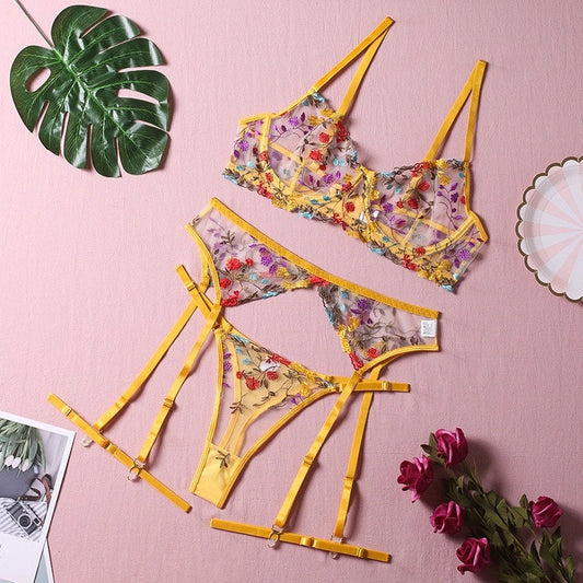 Boho Embroidered Lingerie Set - Yellow