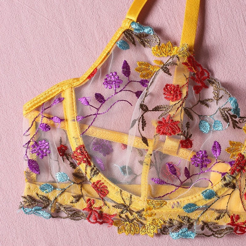 Yellow Elegant Embroidery Fashion Bra Set With Underwire
