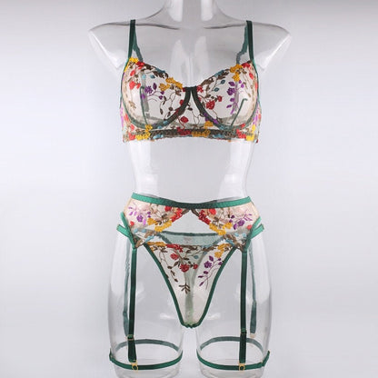 Boho Embroidered Lingerie Set - Green