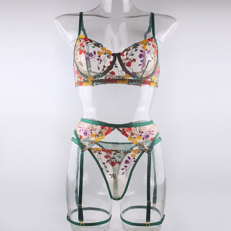 Floral Embroidered Mesh Three-Piece Lingerie Set