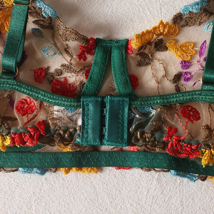 Boho Embroidered Lingerie Set - Green